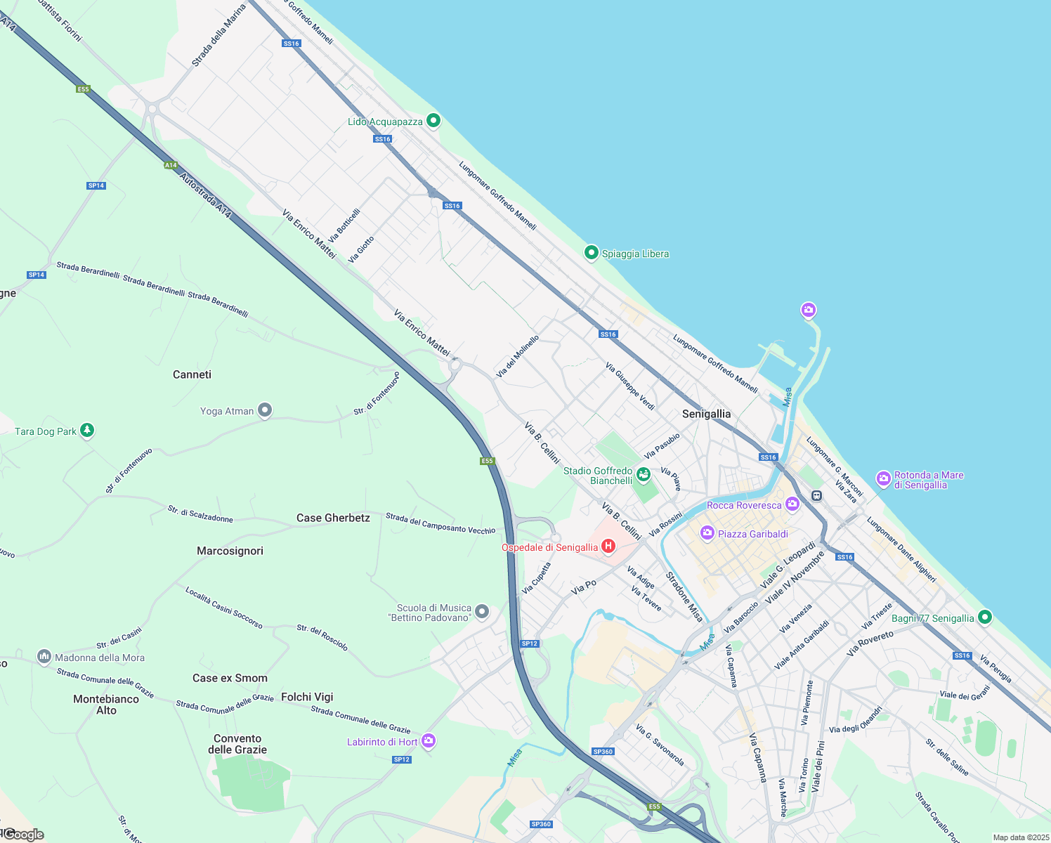 map of restaurants, bars, coffee shops, grocery stores, and more near 292 Via Benvenuto Cellini in Senigallia