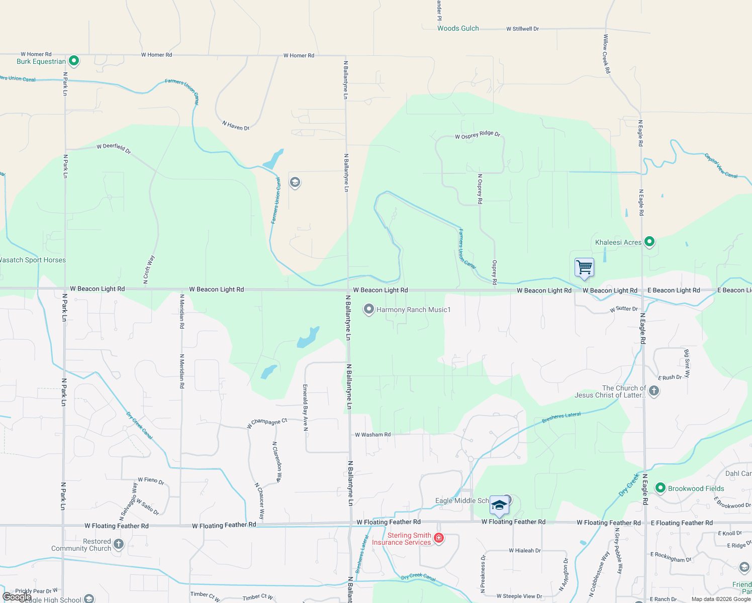 map of restaurants, bars, coffee shops, grocery stores, and more near 1825 West Beacon Light Road in Eagle