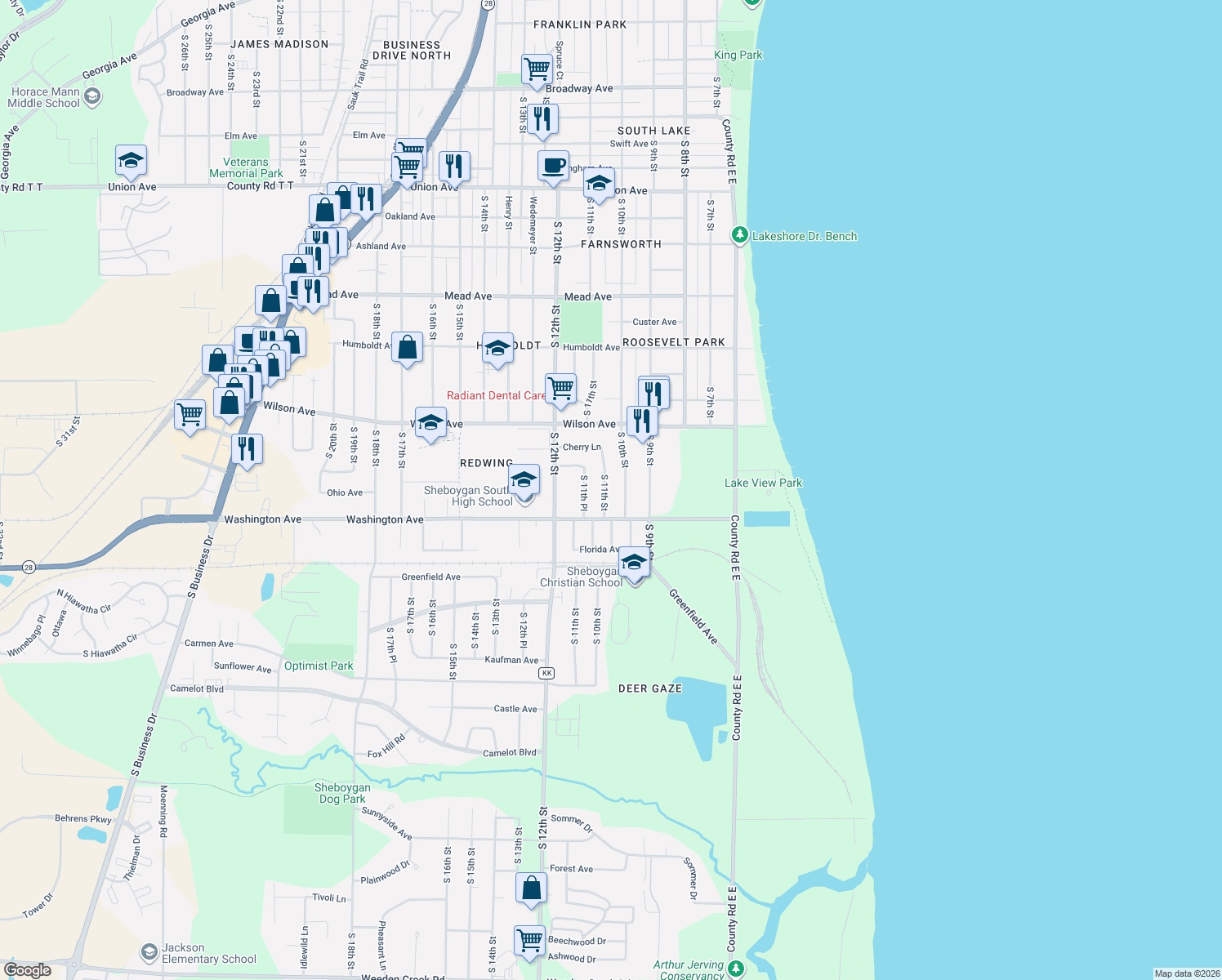 map of restaurants, bars, coffee shops, grocery stores, and more near 3227 South 11th Street in Sheboygan