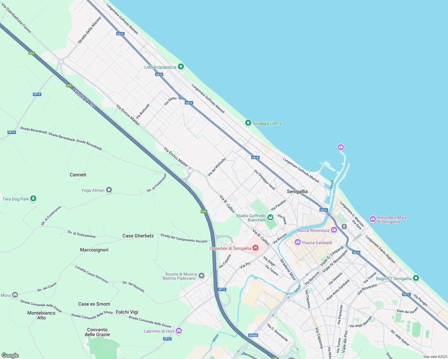 map of restaurants, bars, coffee shops, grocery stores, and more near 53 Via Francesco Pierelli in Senigallia