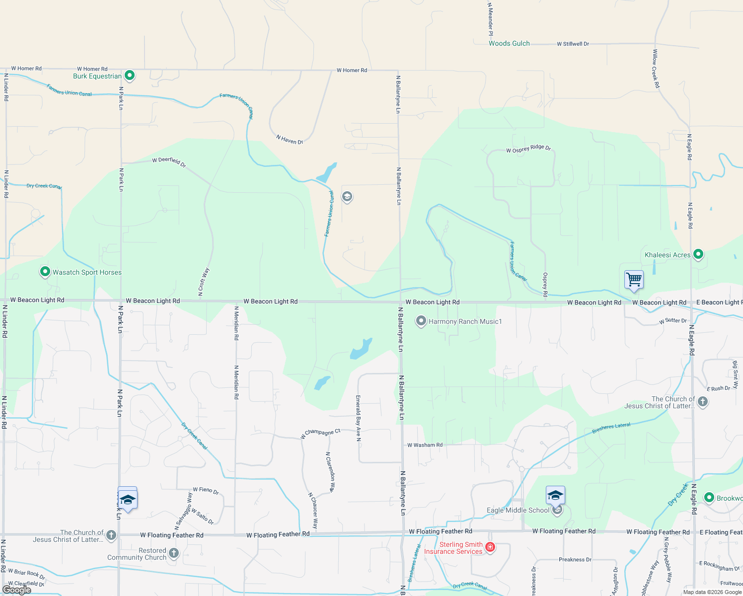 map of restaurants, bars, coffee shops, grocery stores, and more near 2380 W Beacon Light Rd in Eagle