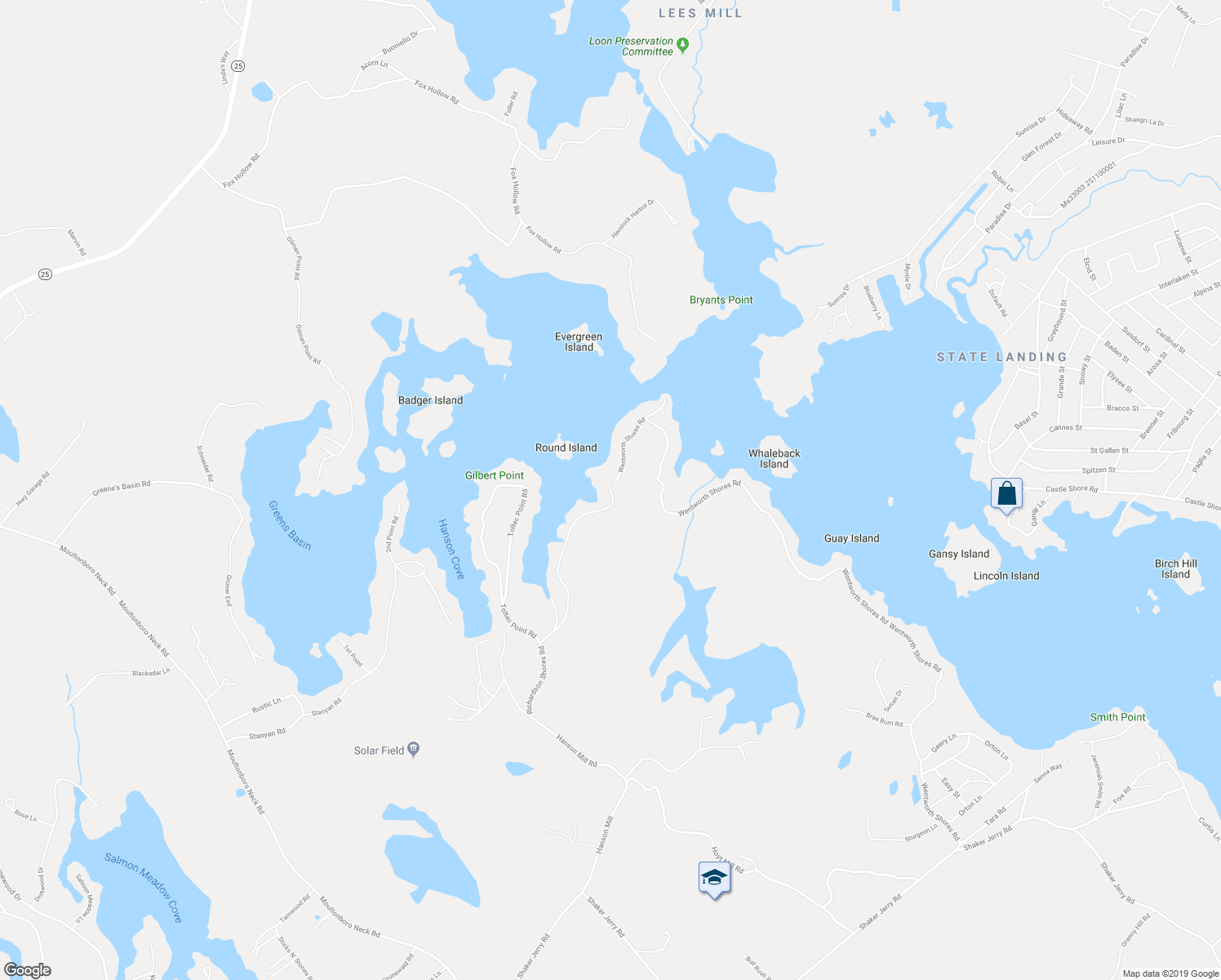 map of restaurants, bars, coffee shops, grocery stores, and more near 95 Richardson Shores Road in Moultonborough