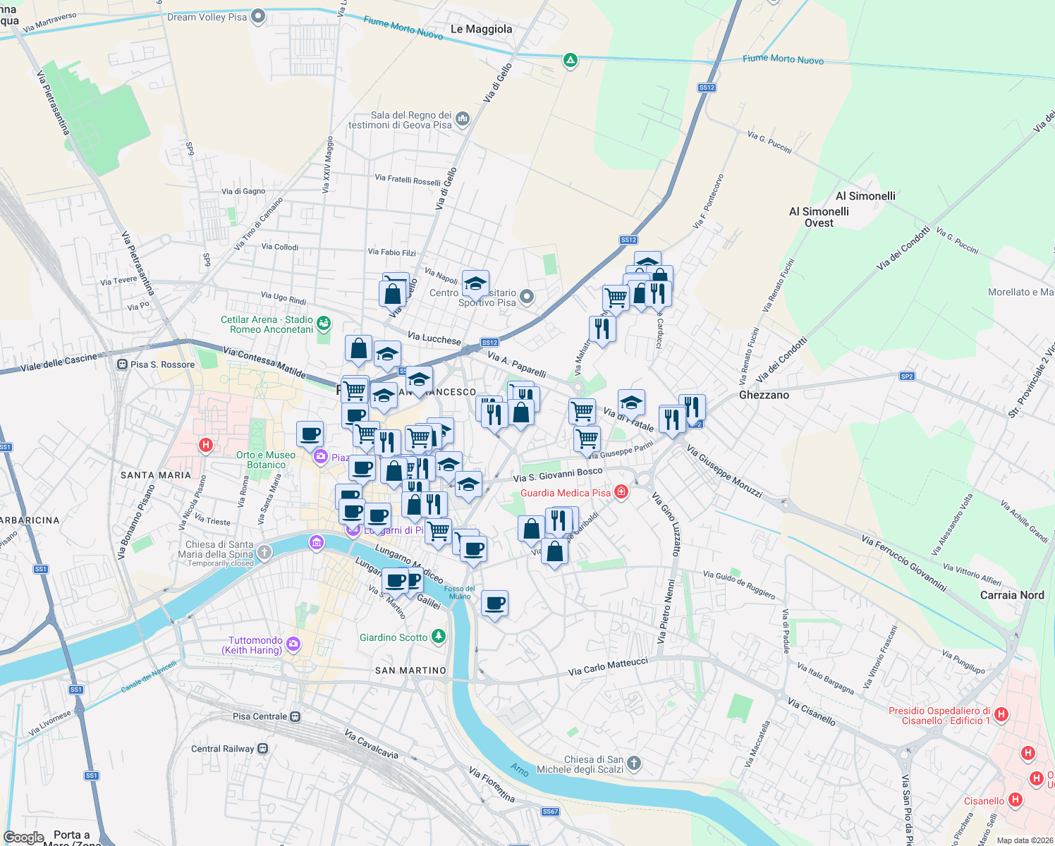 map of restaurants, bars, coffee shops, grocery stores, and more near 27/C Via Angelo Battelli in Pisa