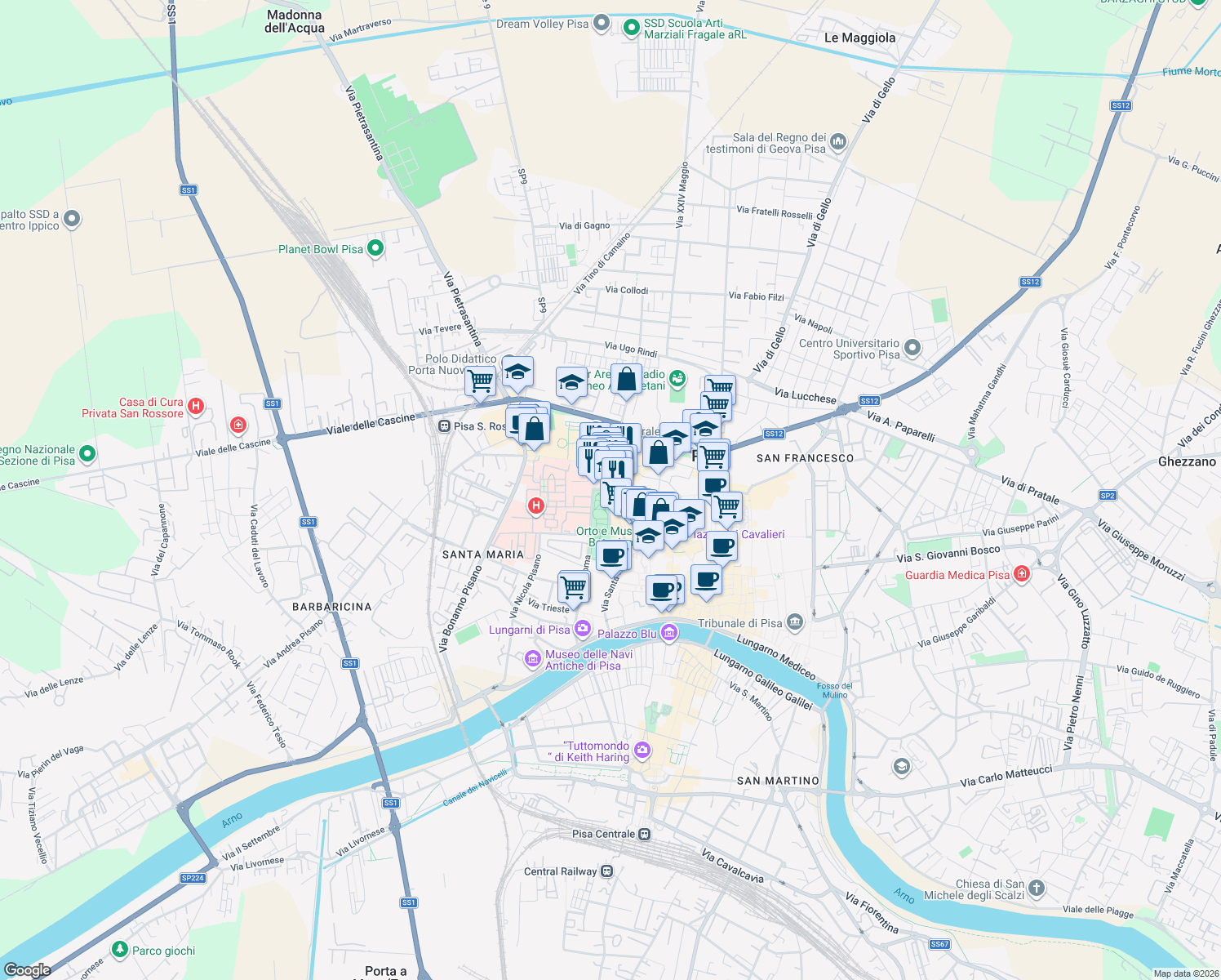 map of restaurants, bars, coffee shops, grocery stores, and more near 177 Via Santa Maria in Pisa