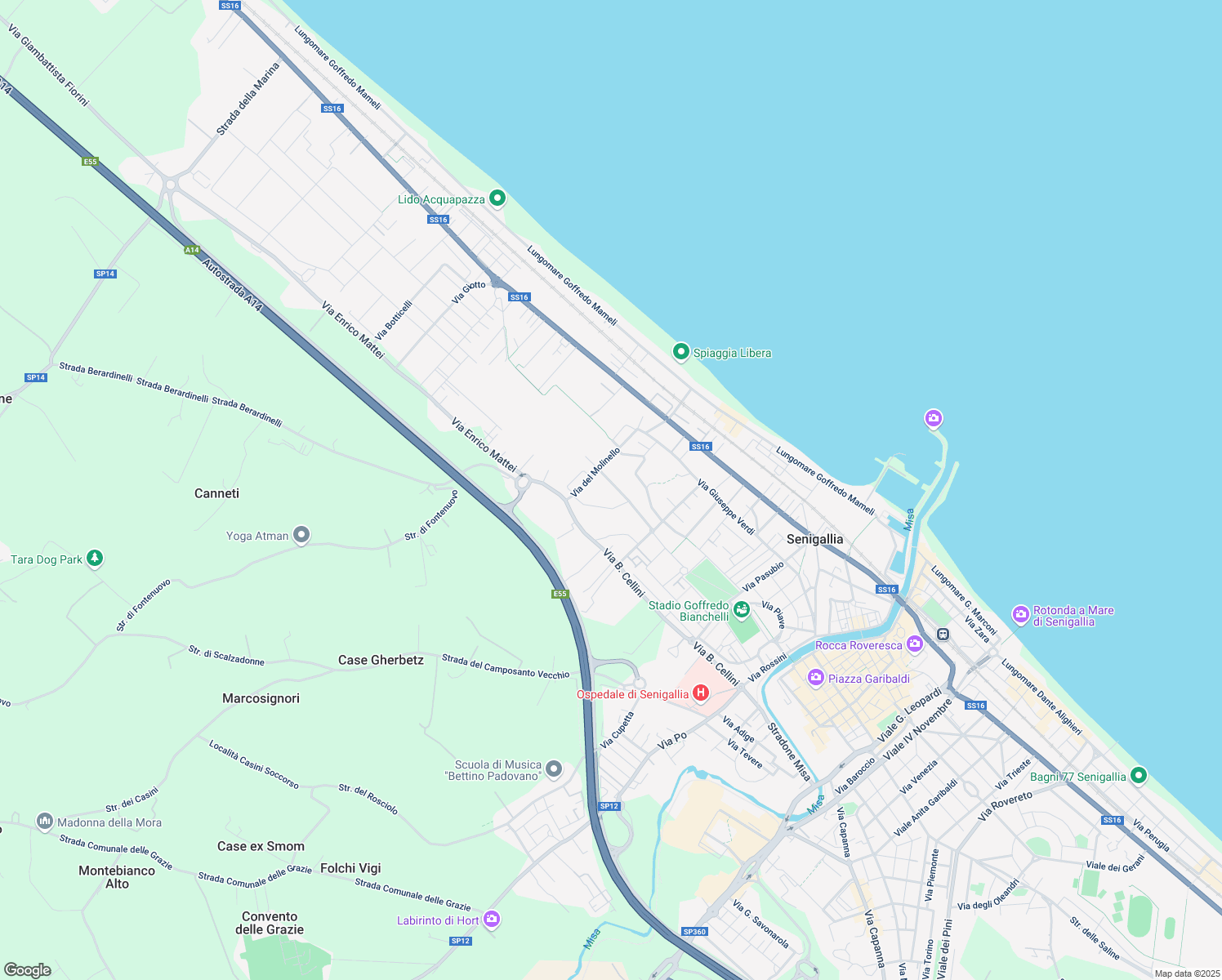 map of restaurants, bars, coffee shops, grocery stores, and more near 53 Via Francesco Pierelli in Senigallia