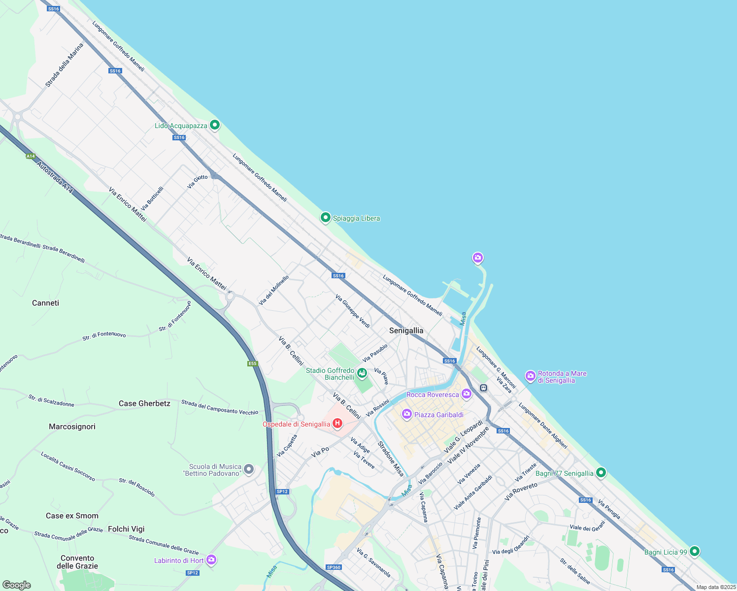 map of restaurants, bars, coffee shops, grocery stores, and more near 192 Via Raffaello Sanzio in Senigallia
