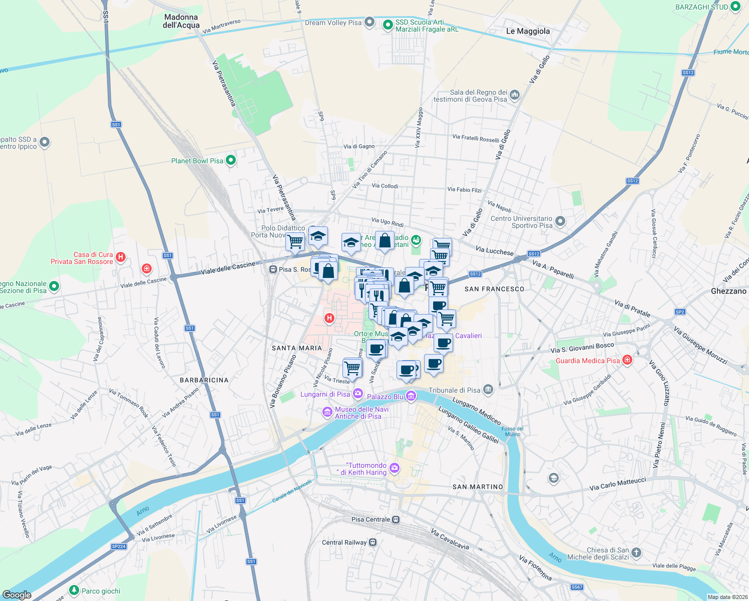 map of restaurants, bars, coffee shops, grocery stores, and more near 177 Via Santa Maria in Pisa