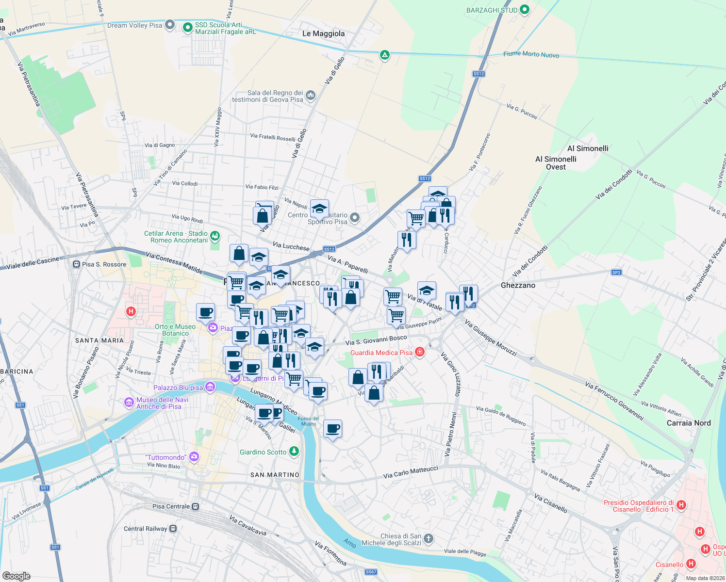 map of restaurants, bars, coffee shops, grocery stores, and more near 27c Via Angelo Battelli in Pisa