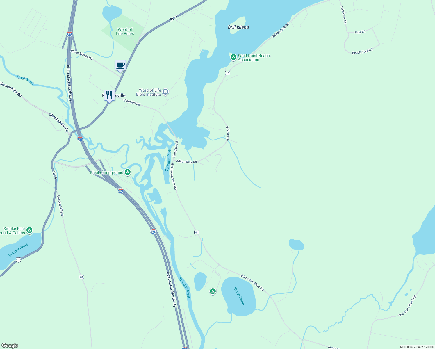 map of restaurants, bars, coffee shops, grocery stores, and more near 25 Mountain Meadow Road in Adirondack