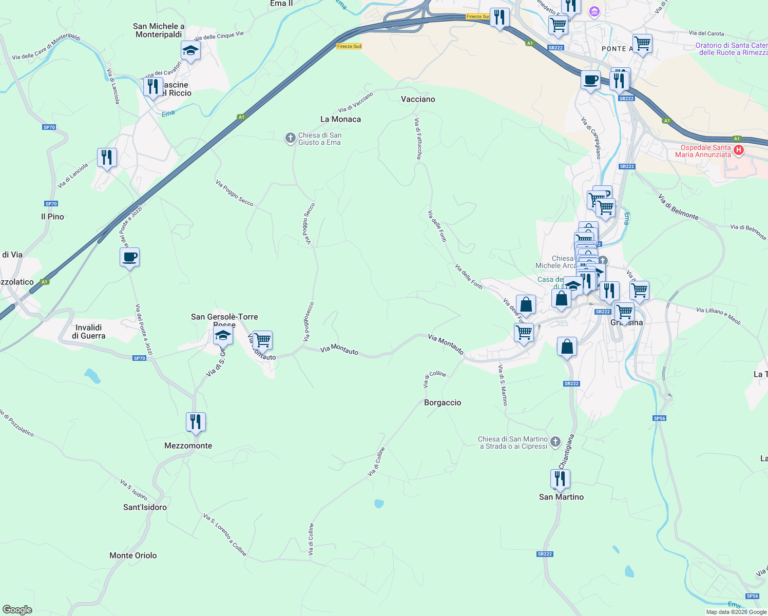 map of restaurants, bars, coffee shops, grocery stores, and more near 6 Via Vicinale di Poggio Secco in Città Metropolitana di Firenze
