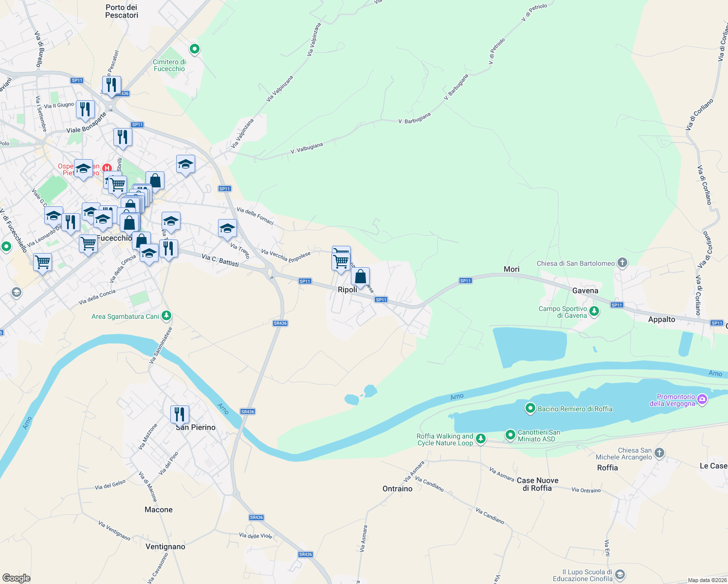map of restaurants, bars, coffee shops, grocery stores, and more near 148 Via Provinciale Pisana Ripoli in Ripoli
