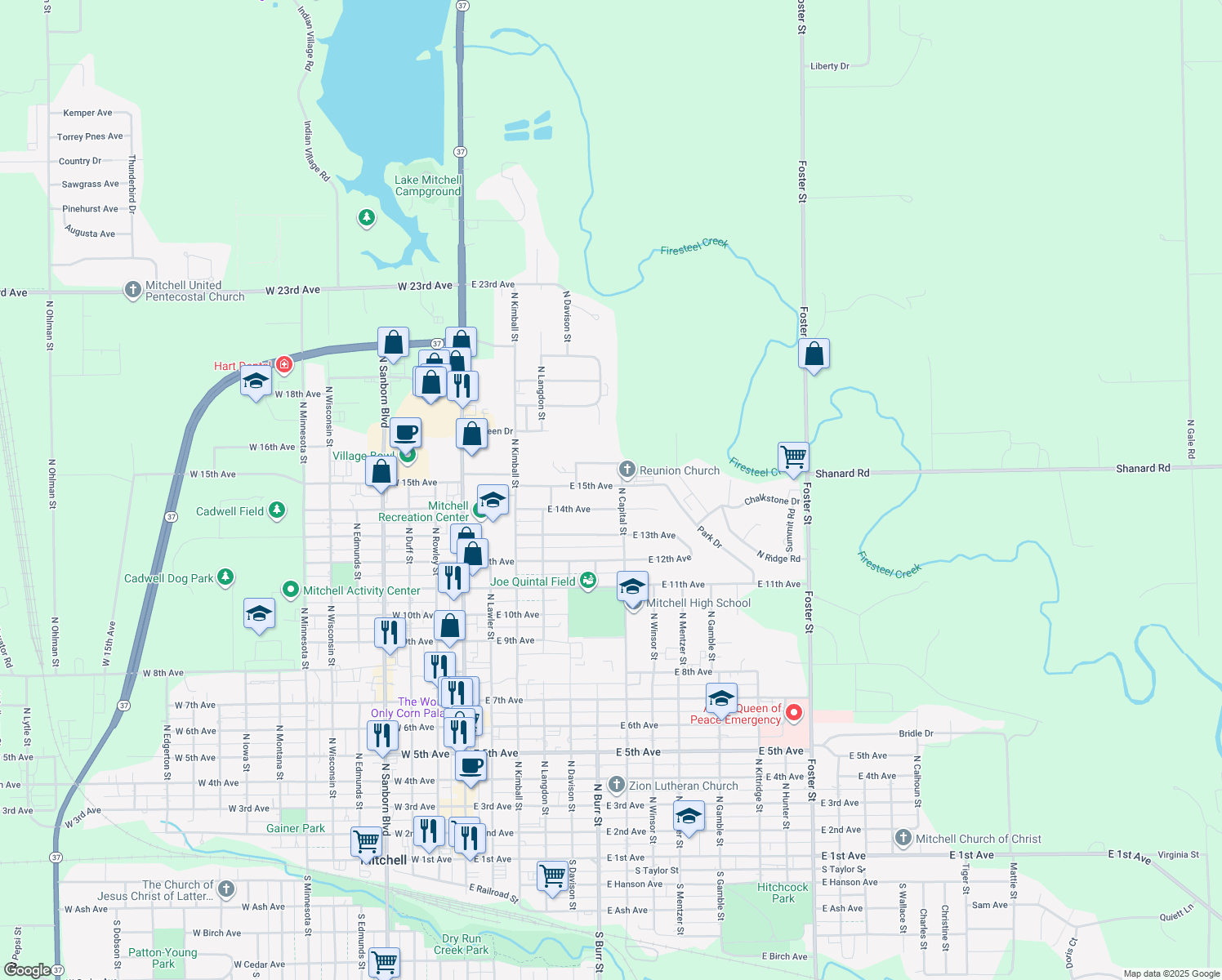 map of restaurants, bars, coffee shops, grocery stores, and more near 615 E 15th Ave in Mitchell