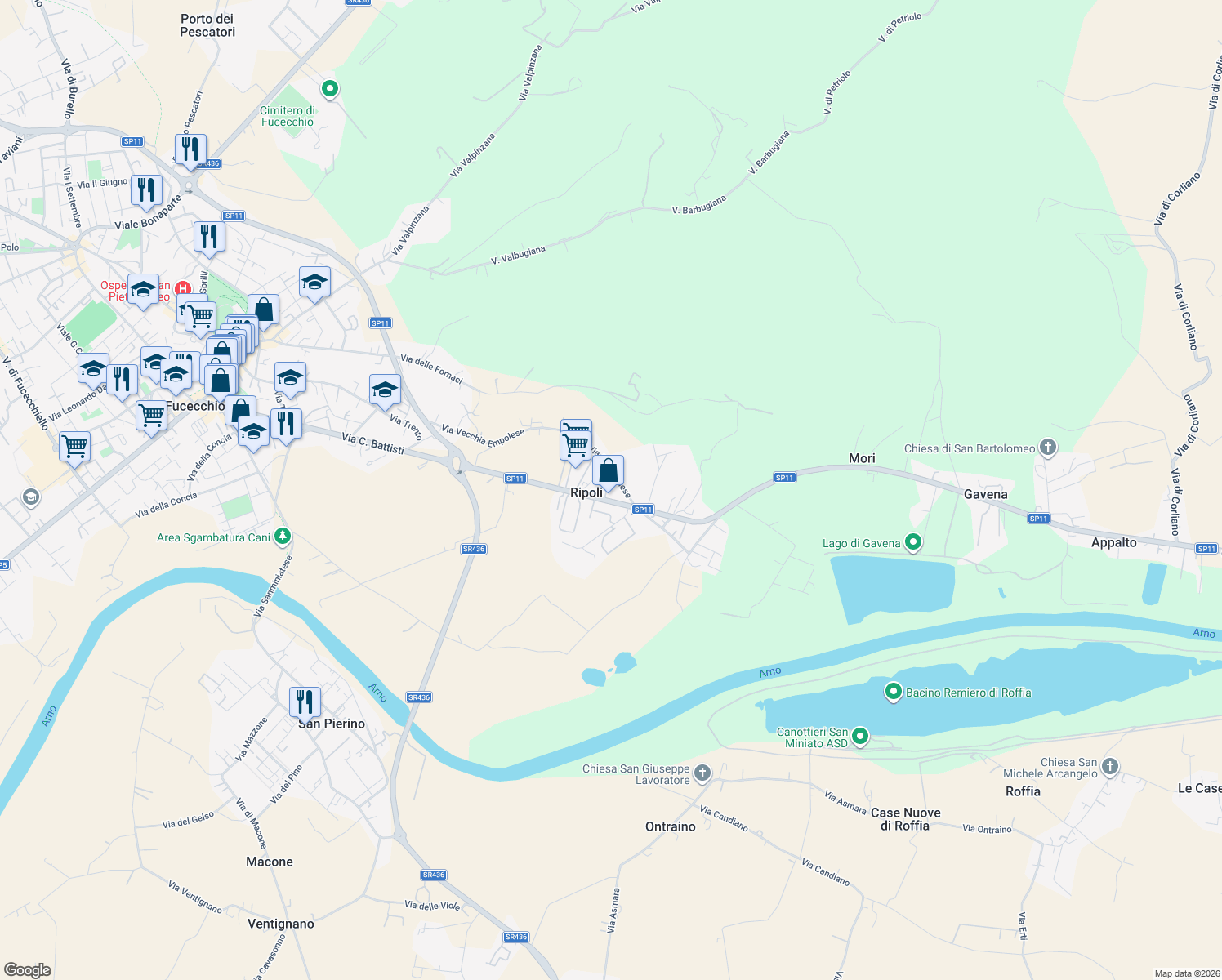 map of restaurants, bars, coffee shops, grocery stores, and more near 148 Via Provinciale Pisana Ripoli in Ripoli