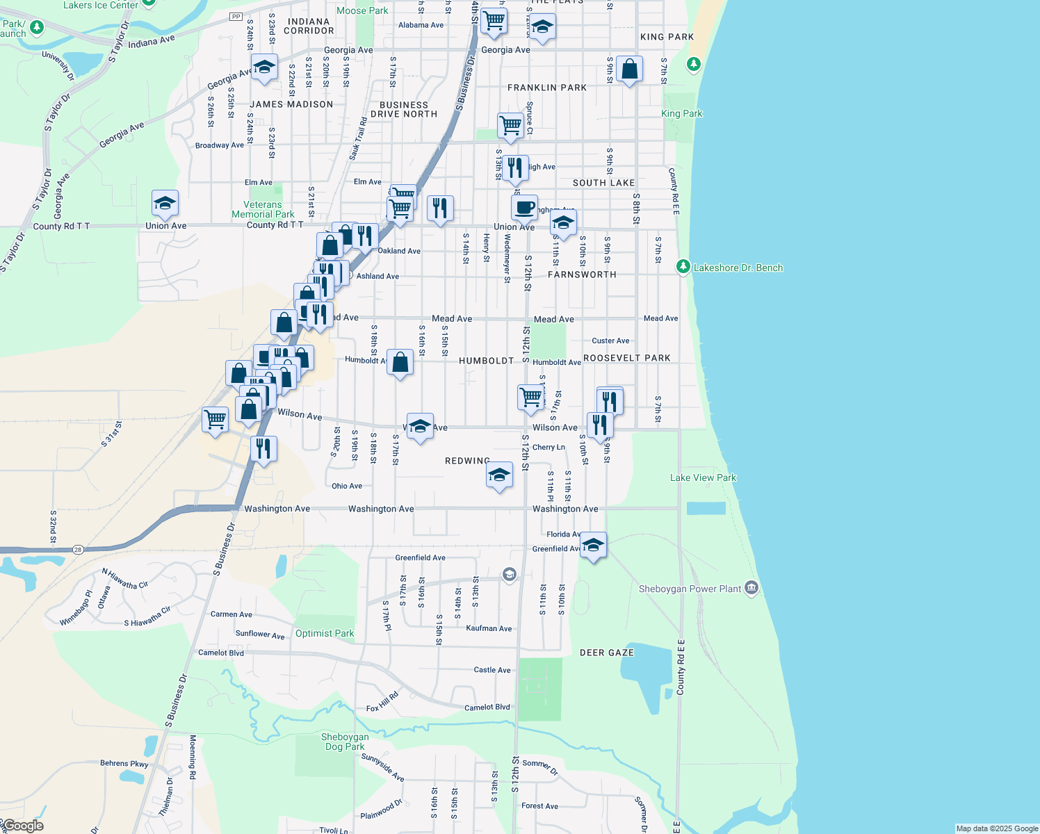 map of restaurants, bars, coffee shops, grocery stores, and more near 2914 S 12th St in Sheboygan