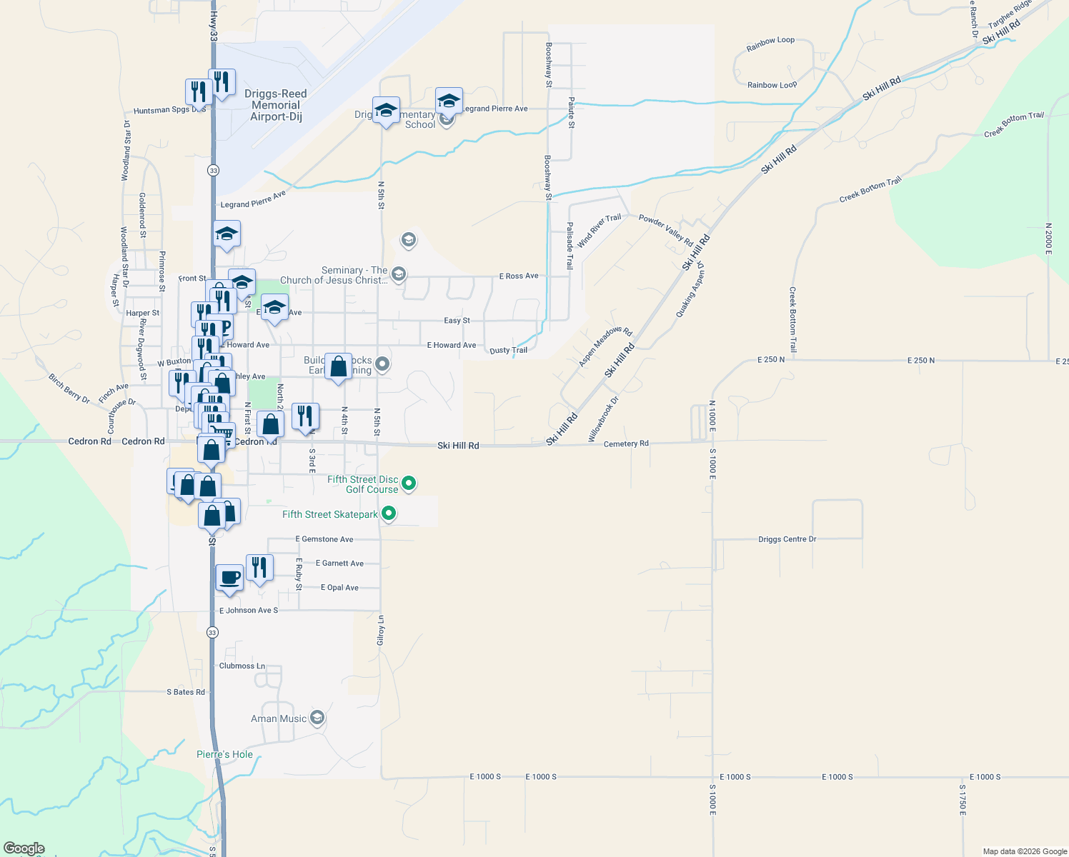 map of restaurants, bars, coffee shops, grocery stores, and more near 500 Ski Hill Road in Driggs