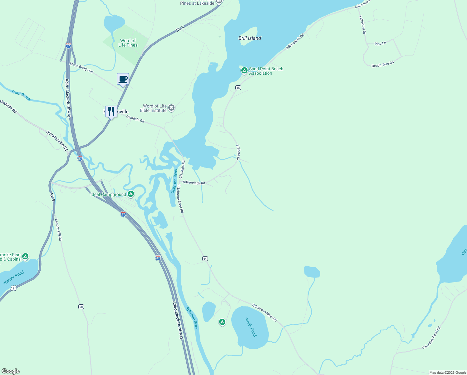 map of restaurants, bars, coffee shops, grocery stores, and more near 25 Mountain Meadow Road in Adirondack
