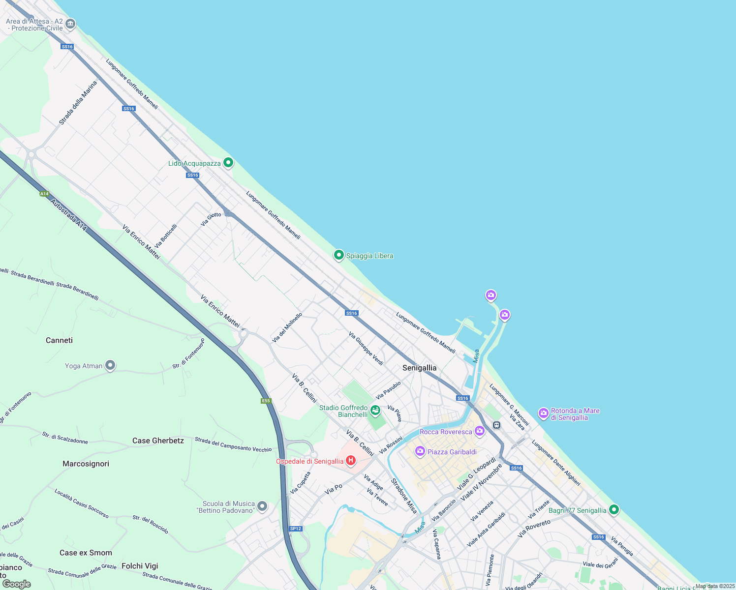 map of restaurants, bars, coffee shops, grocery stores, and more near 78 Lungomare Mameli in Senigallia