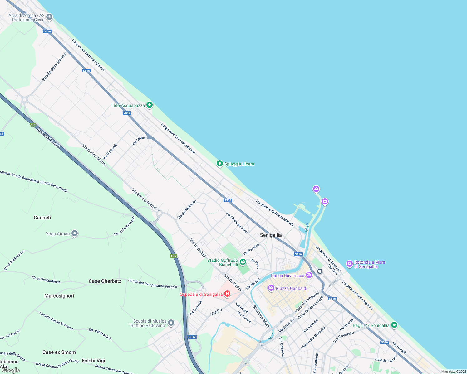 map of restaurants, bars, coffee shops, grocery stores, and more near 78 Lungomare Goffredo Mameli in Senigallia