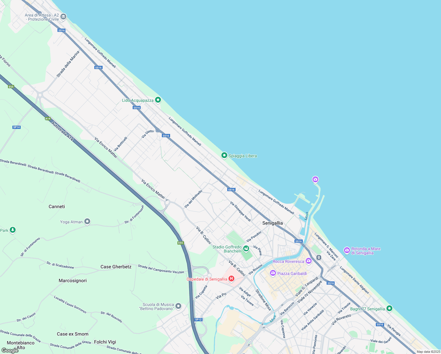 map of restaurants, bars, coffee shops, grocery stores, and more near 1 Via Raffaello Sanzio in Senigallia
