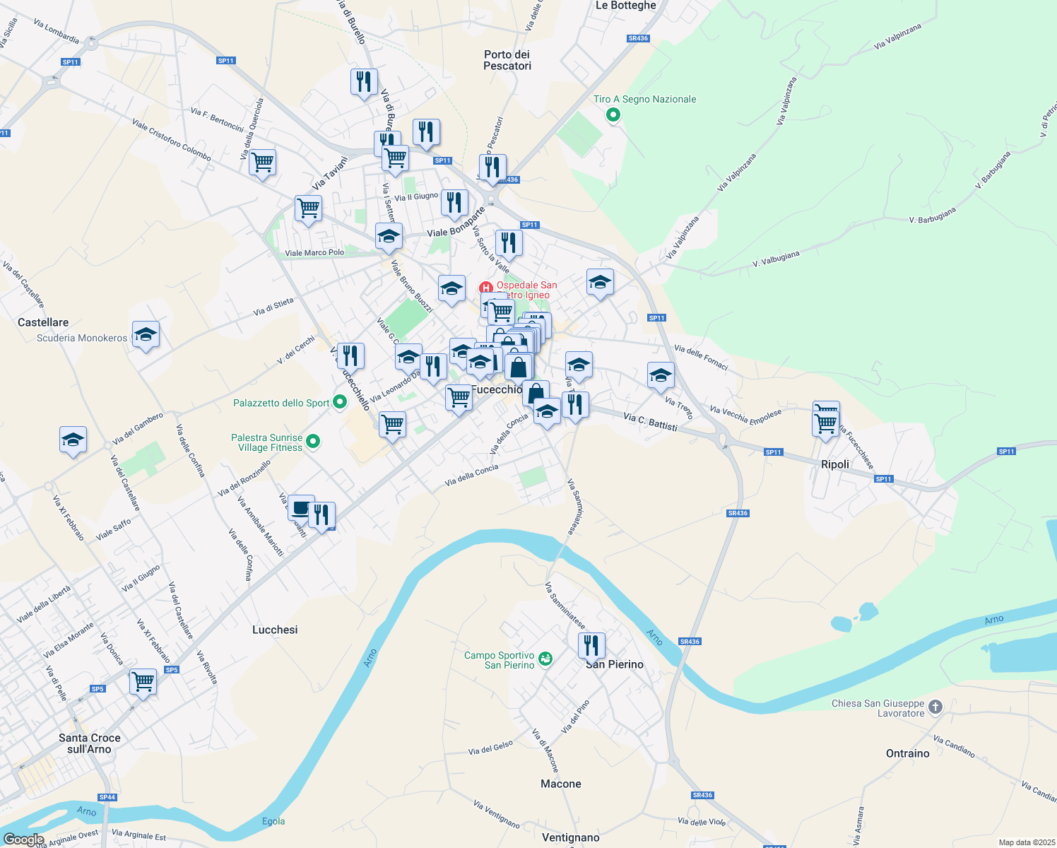 map of restaurants, bars, coffee shops, grocery stores, and more near 15 Via della Concia in Fucecchio