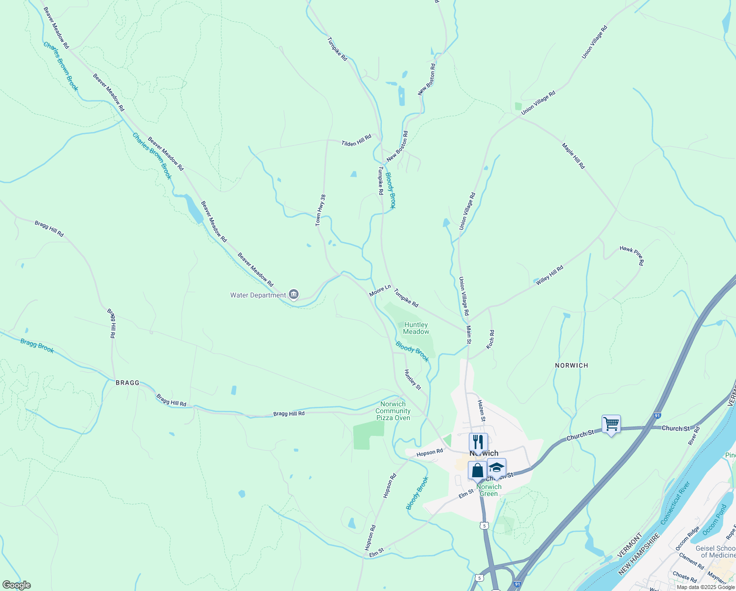map of restaurants, bars, coffee shops, grocery stores, and more near 275 Beaver Meadow Road in Norwich