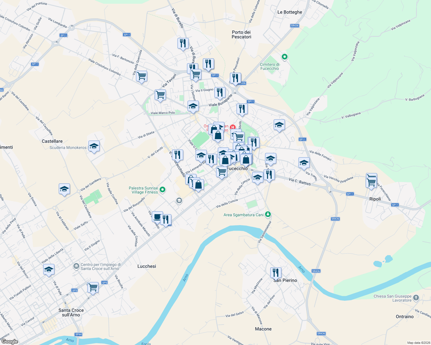 map of restaurants, bars, coffee shops, grocery stores, and more near in Fucecchio