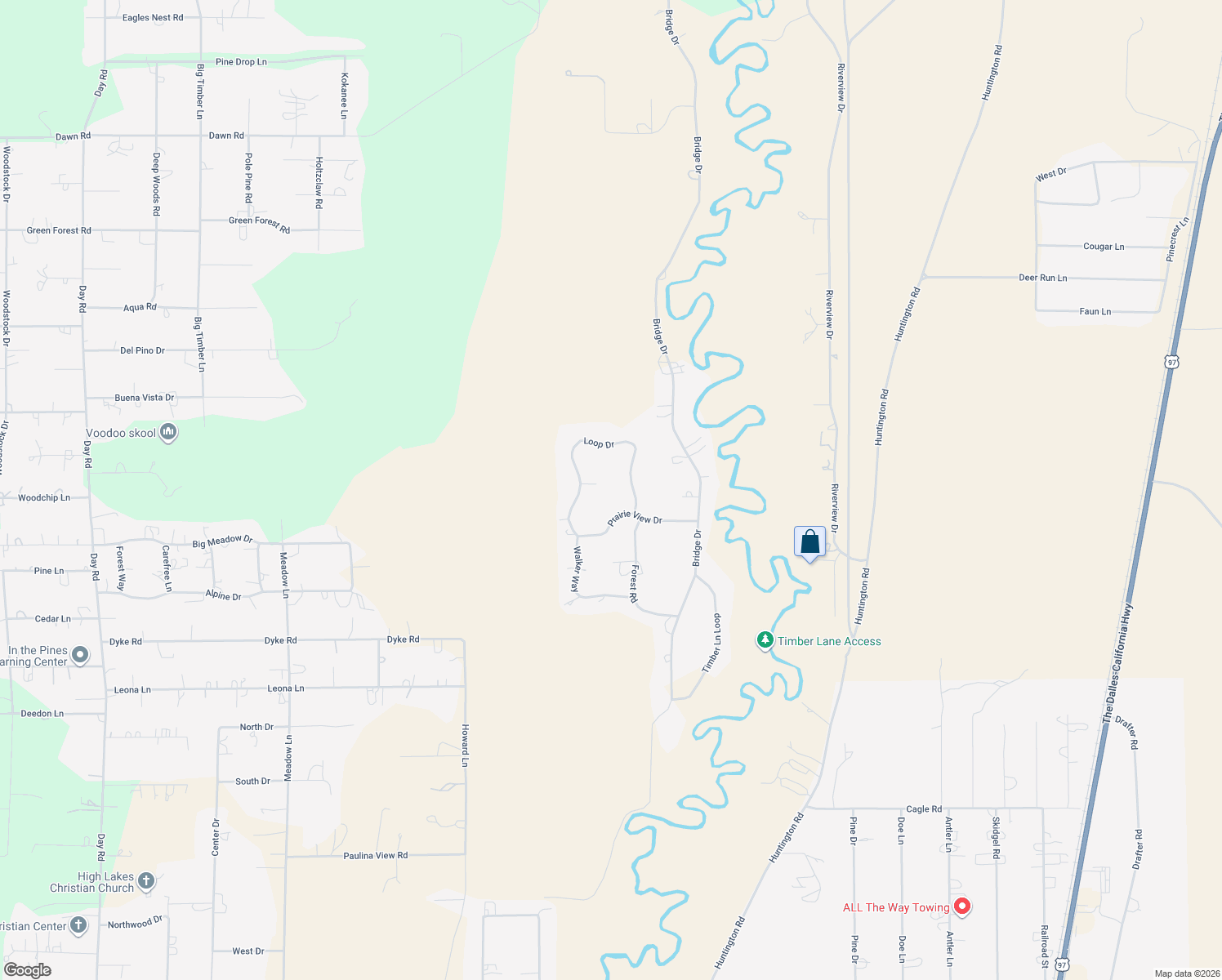map of restaurants, bars, coffee shops, grocery stores, and more near 16555 Fawn Court in La Pine