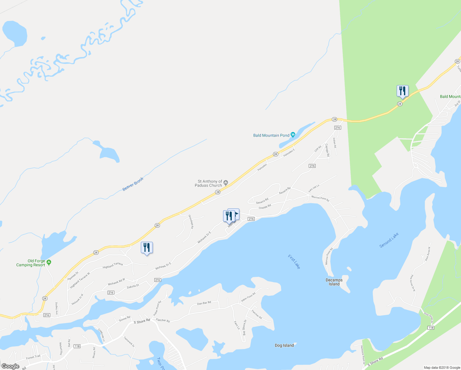 map of restaurants, bars, coffee shops, grocery stores, and more near 3802 New York 28 in Old Forge