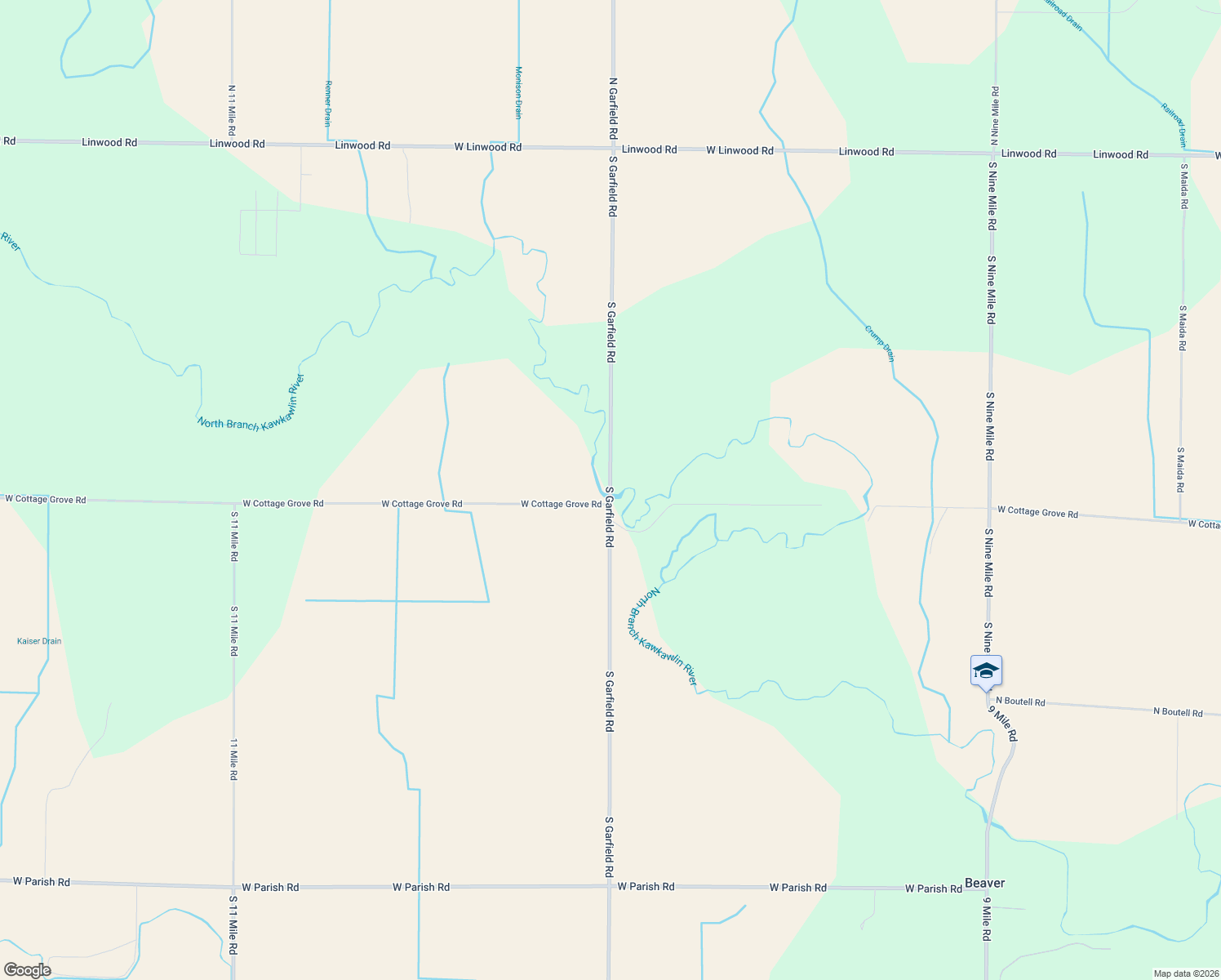 map of restaurants, bars, coffee shops, grocery stores, and more near 491 S Garfield Rd in Bay