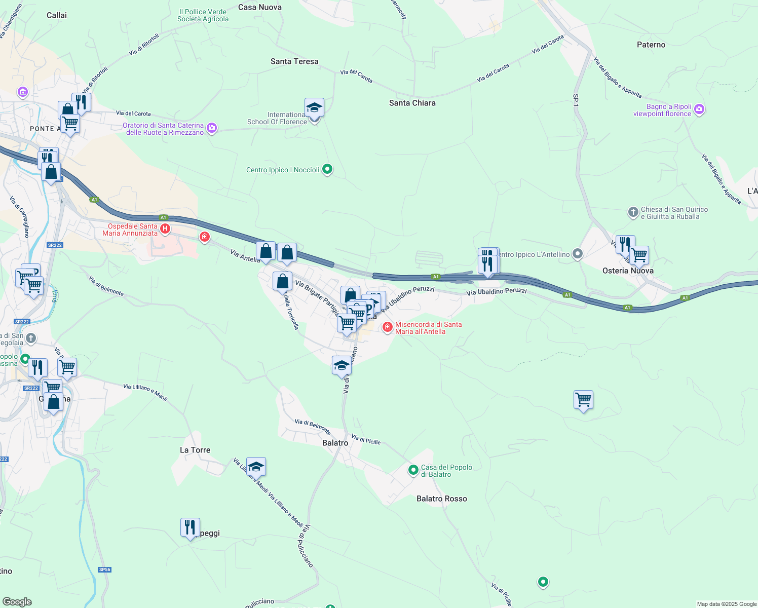 map of restaurants, bars, coffee shops, grocery stores, and more near 16A Via Giuseppe Garibaldi in Antella