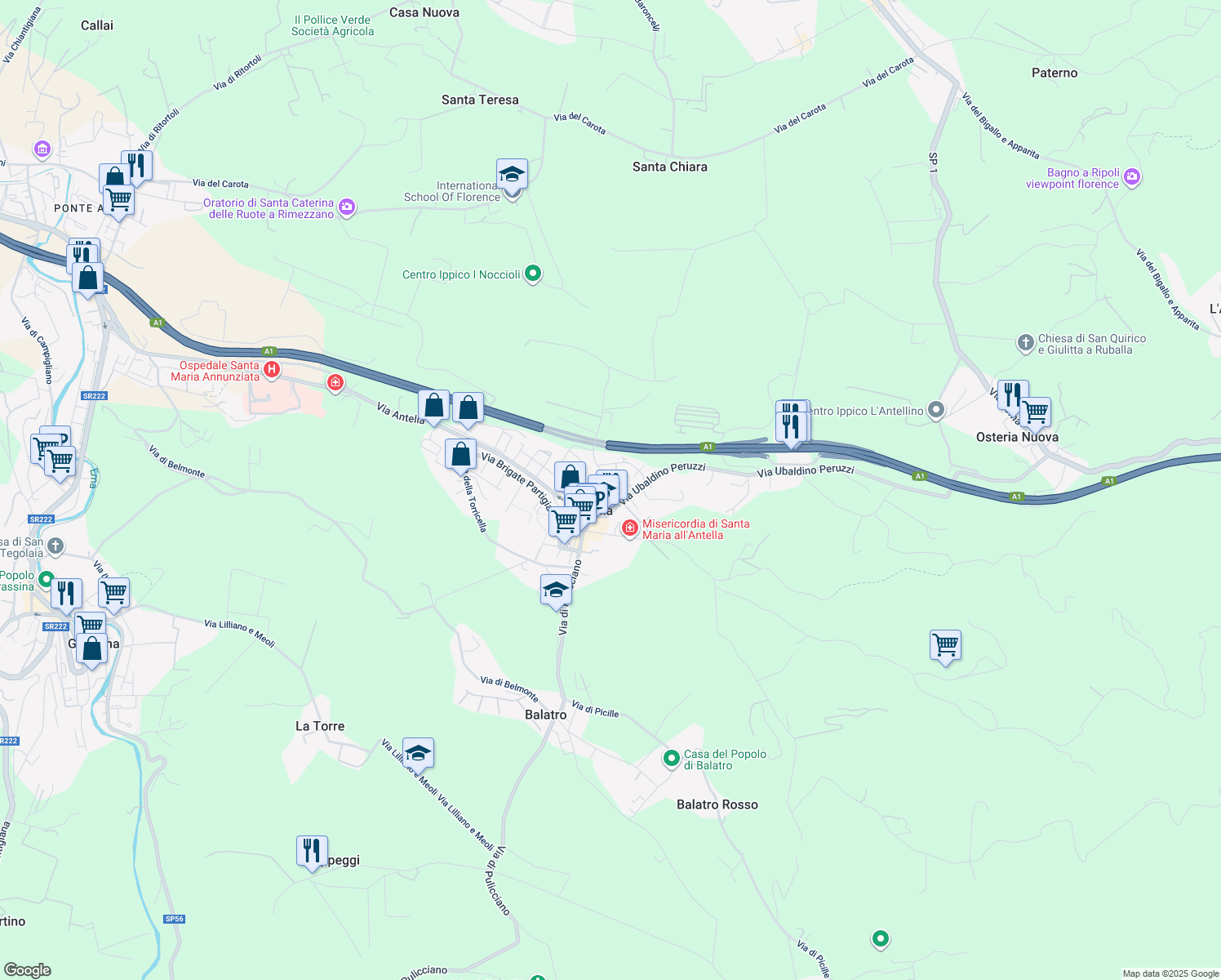 map of restaurants, bars, coffee shops, grocery stores, and more near 16A Via Giuseppe Garibaldi in Antella
