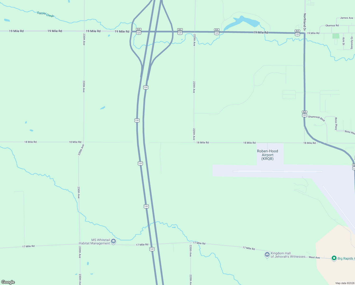 map of restaurants, bars, coffee shops, grocery stores, and more near 22215 18 Mile Road in Big Rapids
