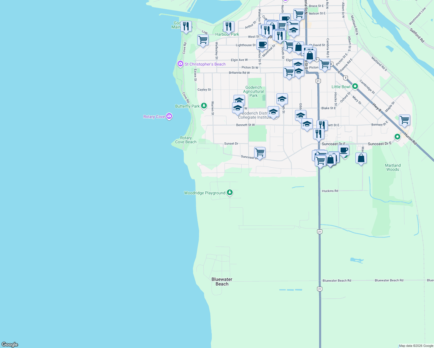 map of restaurants, bars, coffee shops, grocery stores, and more near 415-435 Warren Street in Goderich