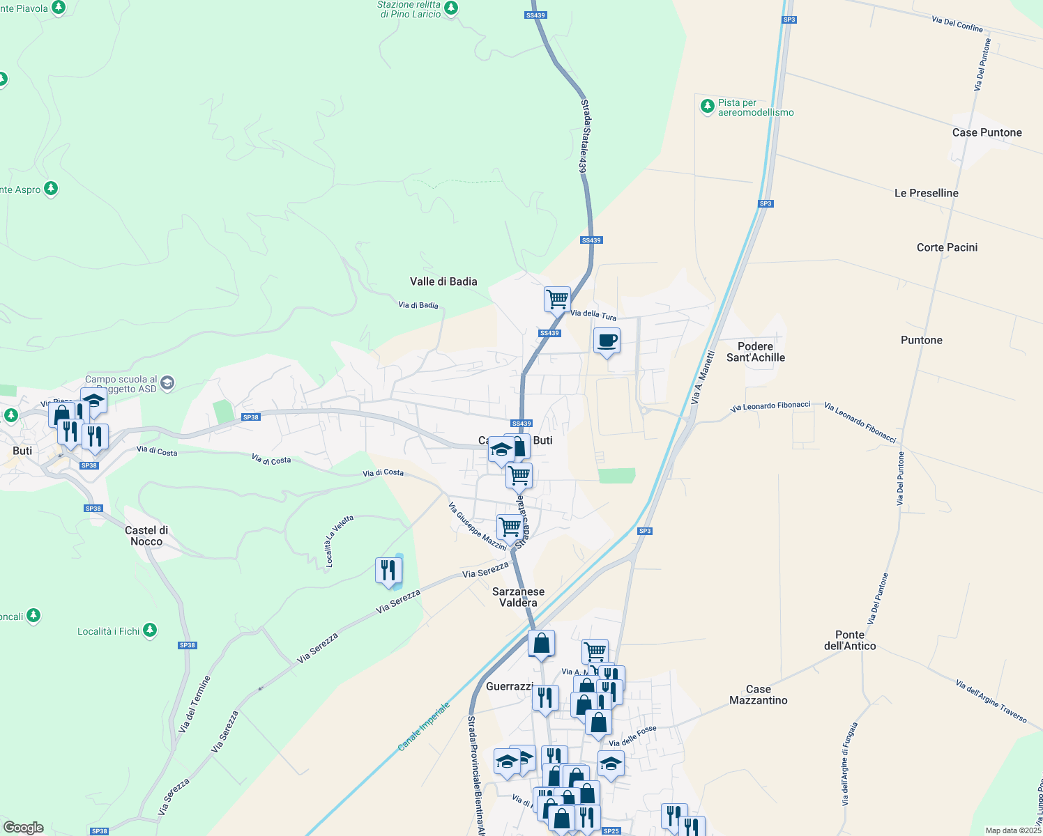 map of restaurants, bars, coffee shops, grocery stores, and more near in Cascine-la Croce