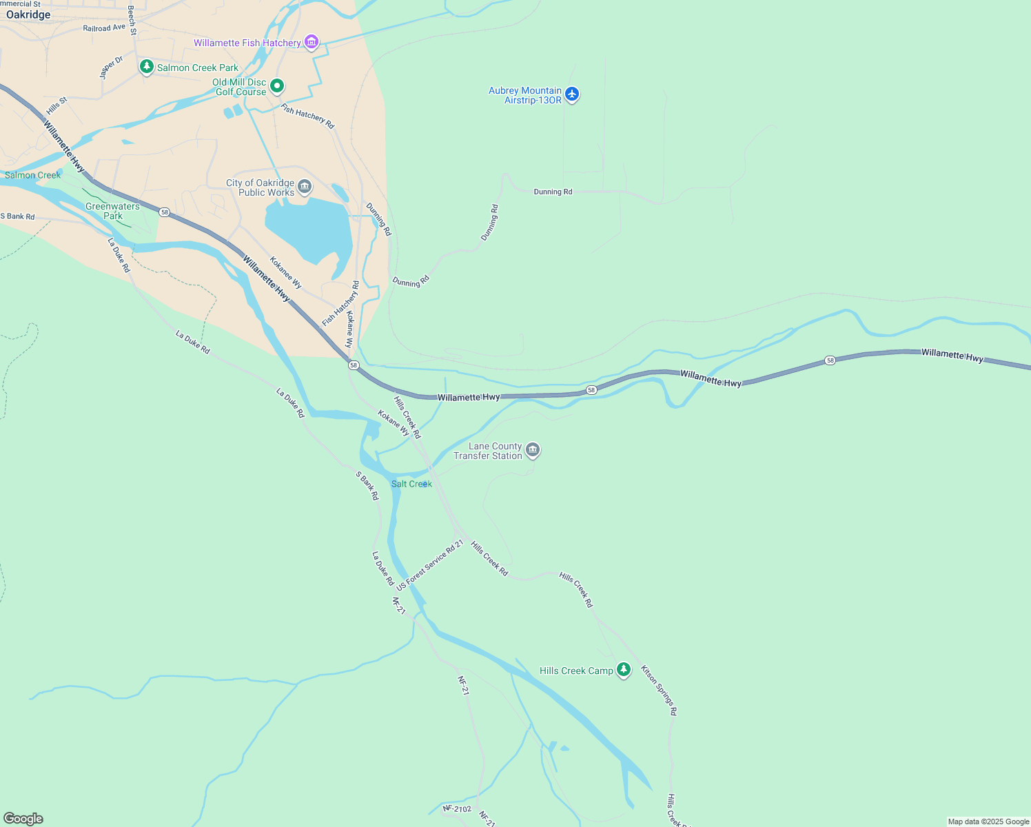 map of restaurants, bars, coffee shops, grocery stores, and more near 48905 Salt Creek Road in Oakridge