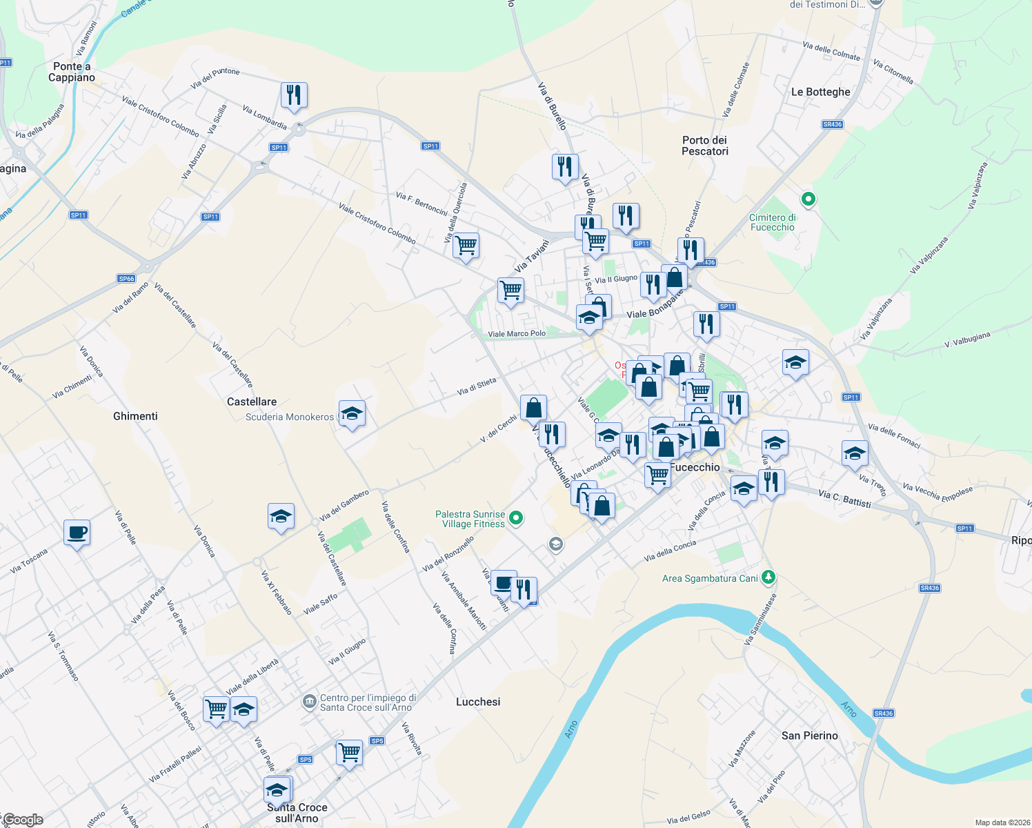 map of restaurants, bars, coffee shops, grocery stores, and more near 23 Via dei Cerchi in Fucecchio