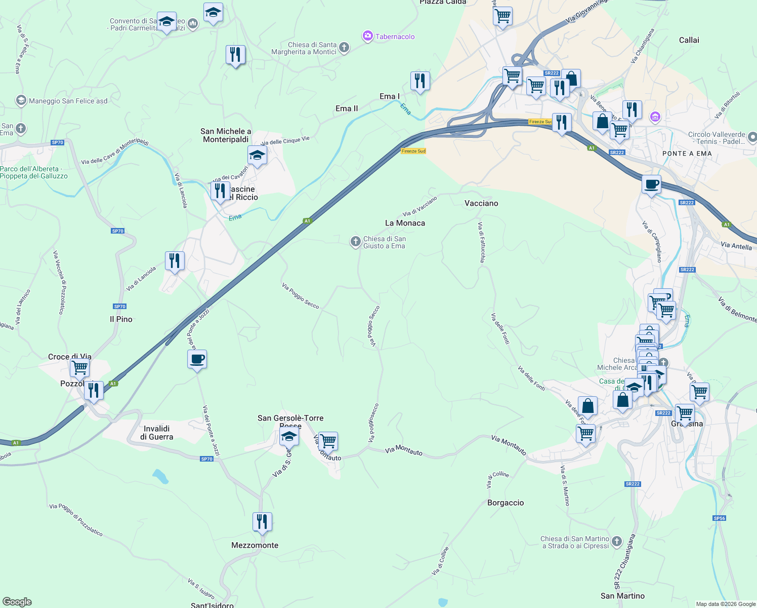 map of restaurants, bars, coffee shops, grocery stores, and more near 6/A Via Vicinale di Poggio Secco in Città Metropolitana di Firenze