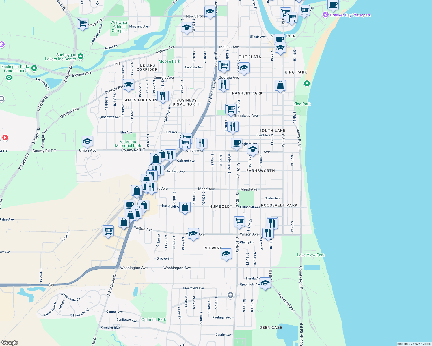 map of restaurants, bars, coffee shops, grocery stores, and more near 1317 Ashland Ave in Sheboygan