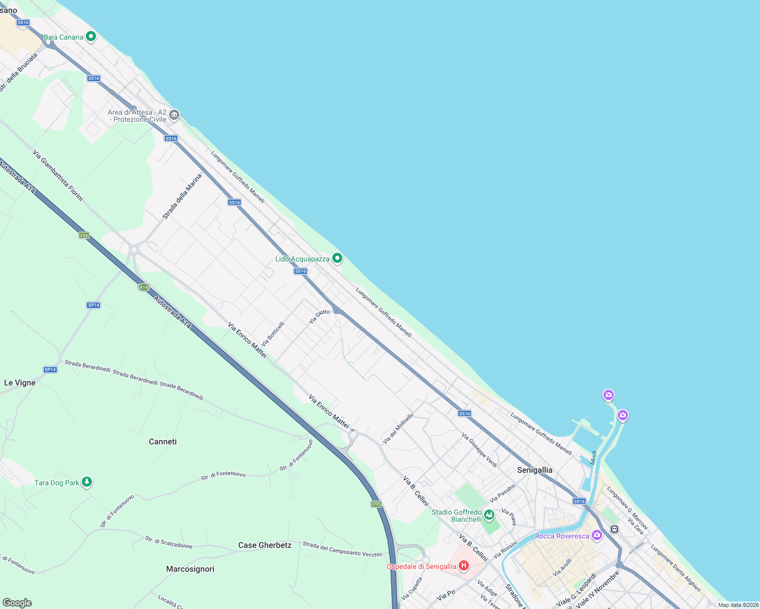 map of restaurants, bars, coffee shops, grocery stores, and more near Lungomare Mameli in Senigallia