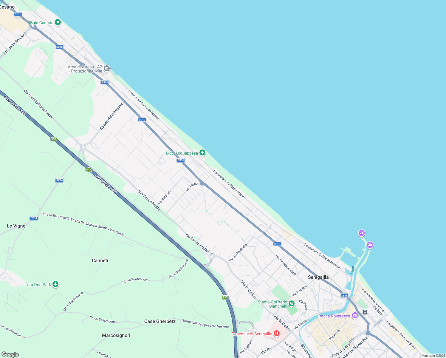 map of restaurants, bars, coffee shops, grocery stores, and more near Lungomare Mameli in Senigallia