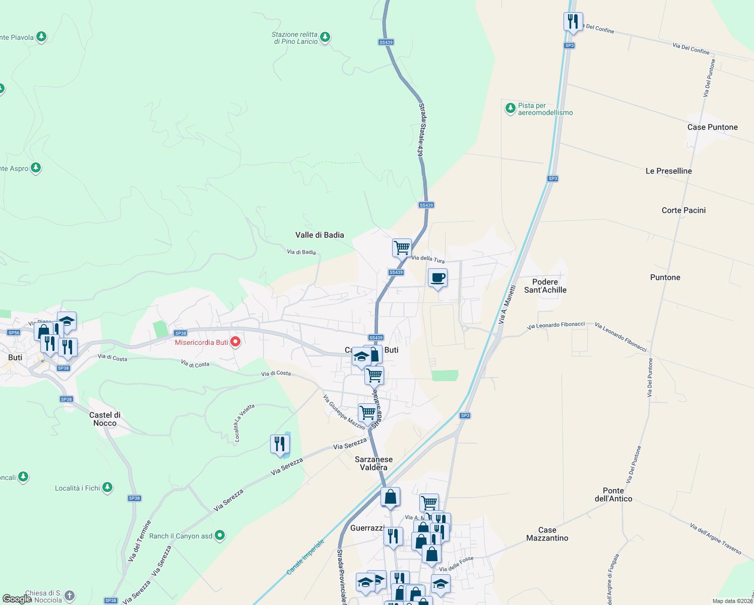 map of restaurants, bars, coffee shops, grocery stores, and more near 3 Via Val di Badia in Cascine-la Croce