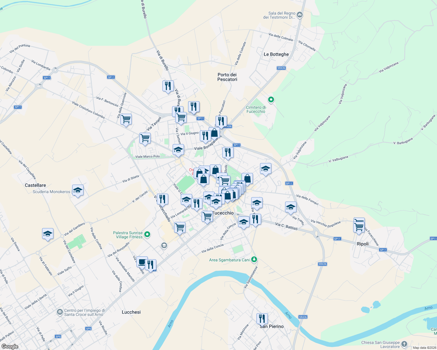 map of restaurants, bars, coffee shops, grocery stores, and more near 3 Piazza Spartaco Lavagnini in Fucecchio