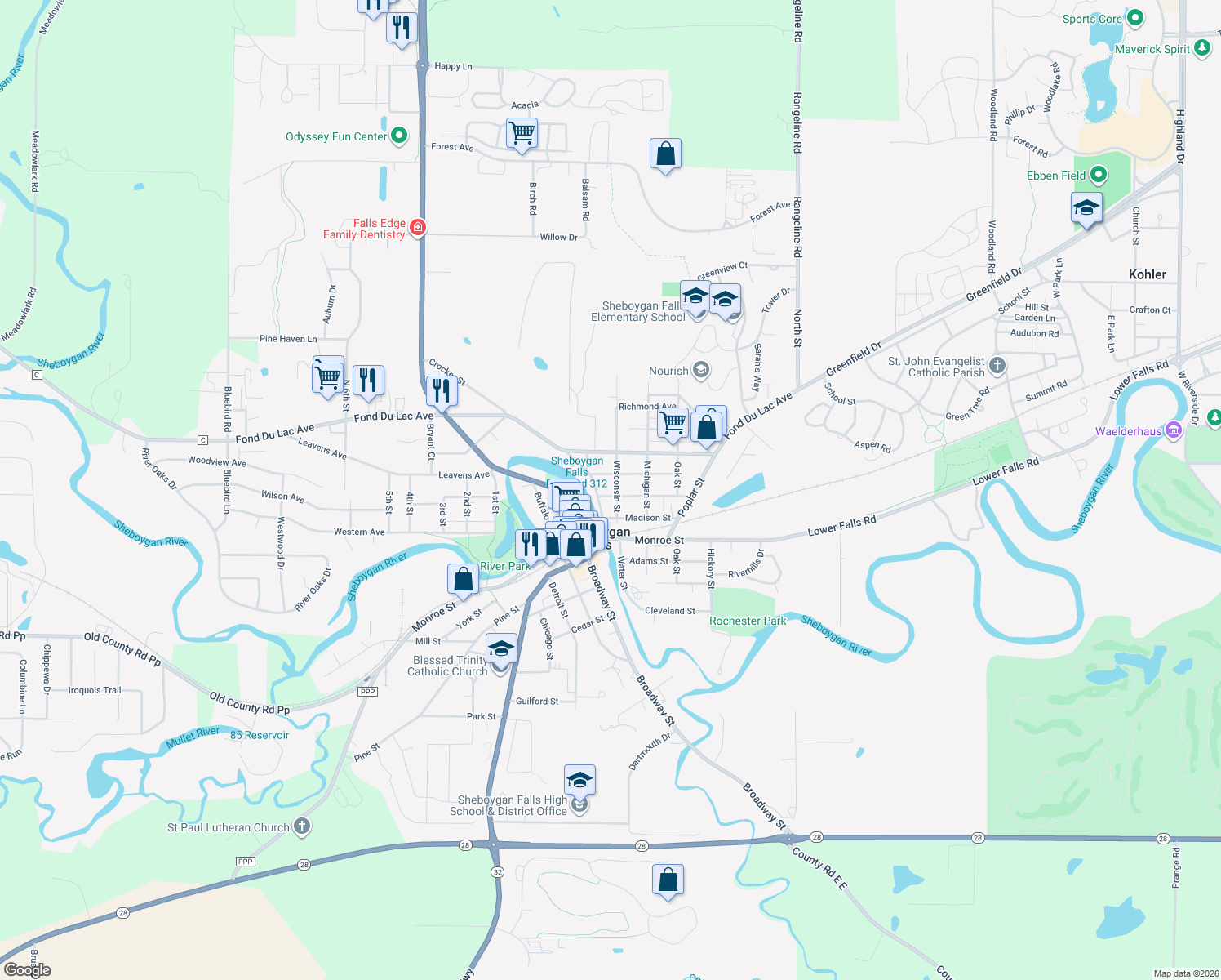 map of restaurants, bars, coffee shops, grocery stores, and more near 221 Wisconsin St in Sheboygan Falls