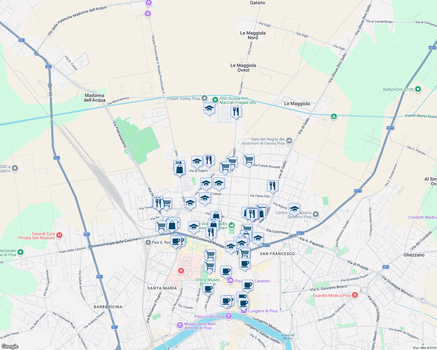 map of restaurants, bars, coffee shops, grocery stores, and more near 37-47 Via della Pura Alfredo in Pisa