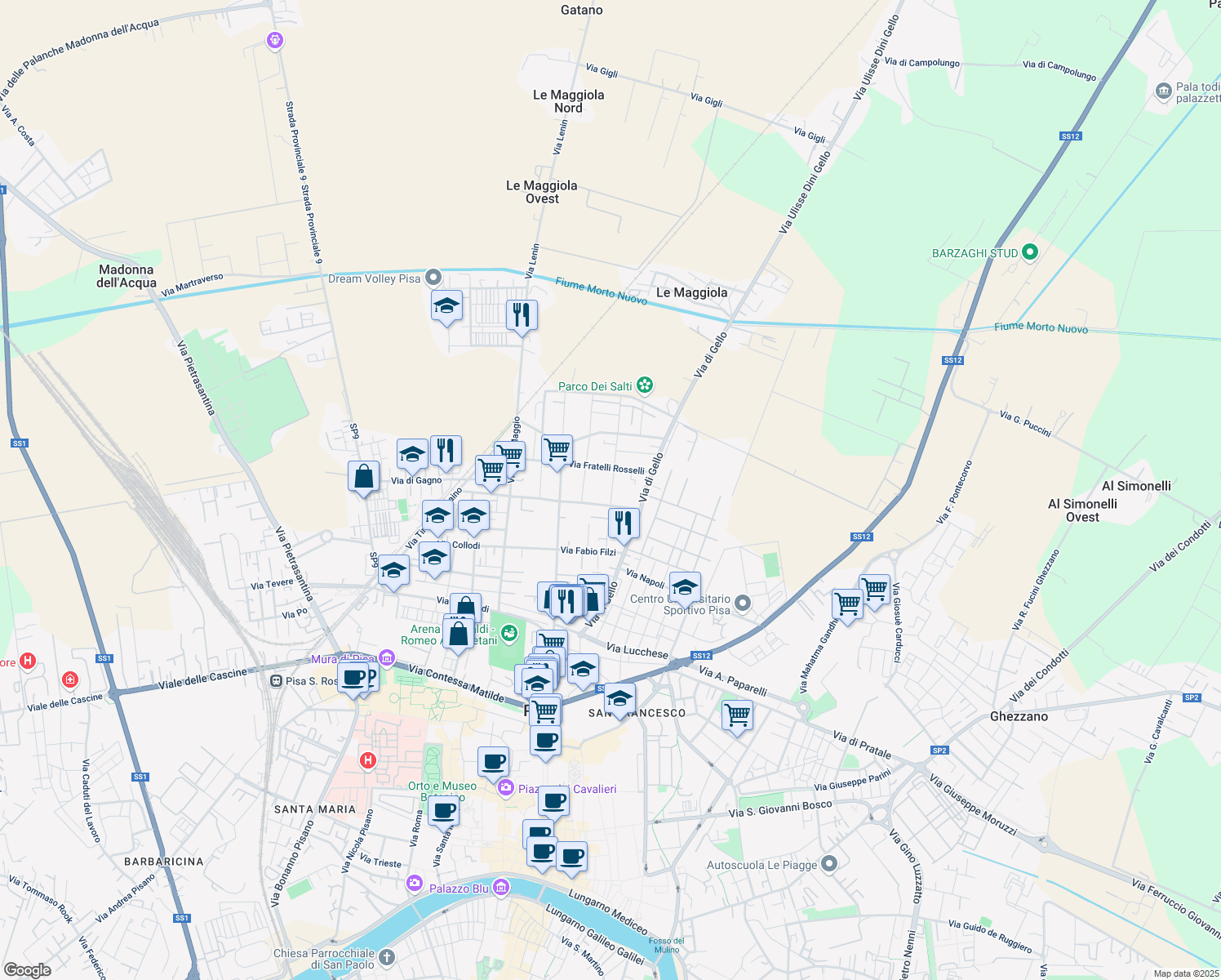 map of restaurants, bars, coffee shops, grocery stores, and more near 25 Via Giovanni Randaccio in Pisa