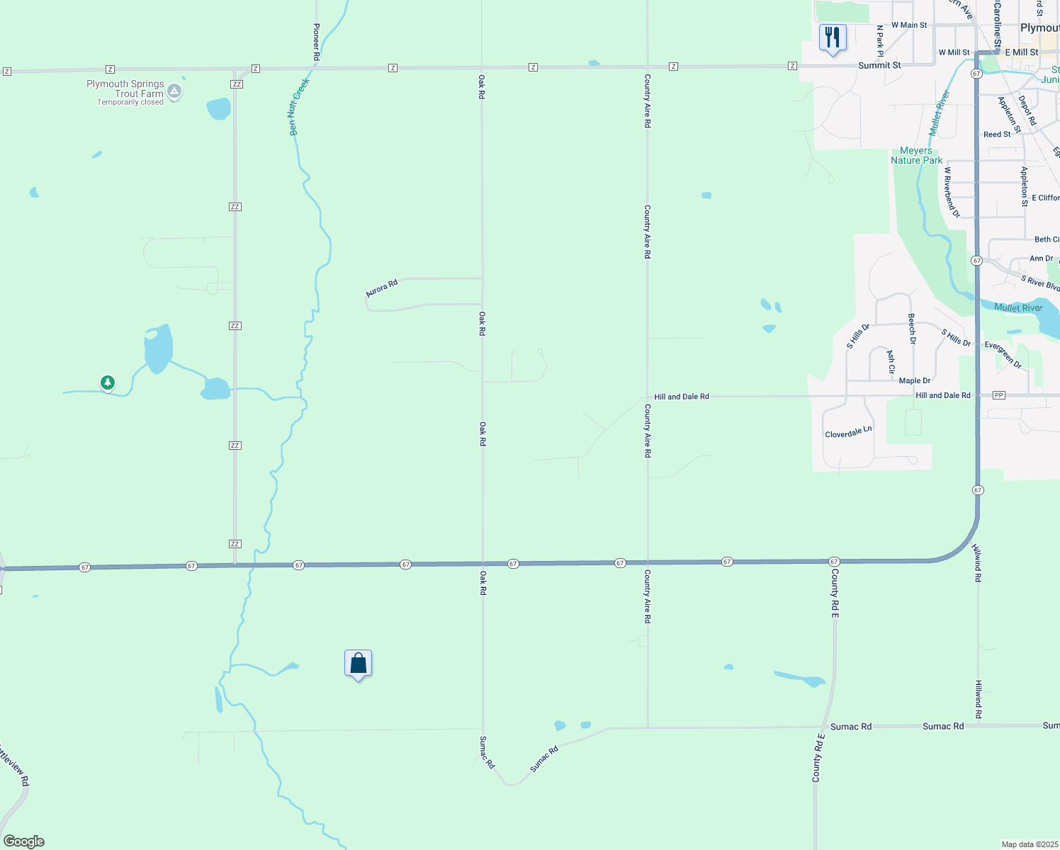 map of restaurants, bars, coffee shops, grocery stores, and more near N5297 Oak Road in Plymouth