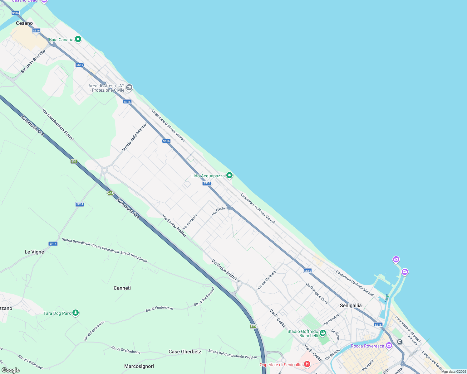 map of restaurants, bars, coffee shops, grocery stores, and more near Lungomare Mameli in Senigallia
