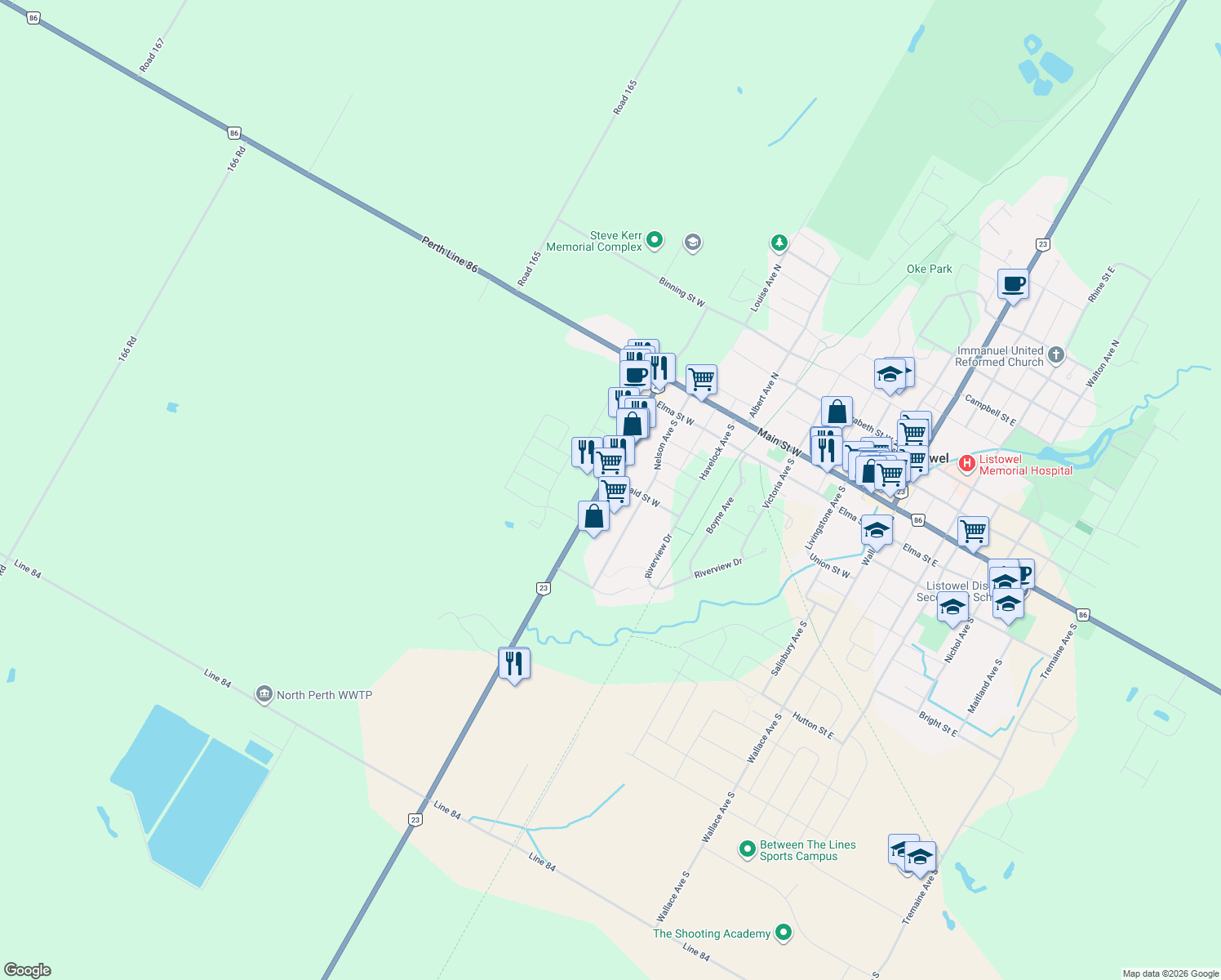 map of restaurants, bars, coffee shops, grocery stores, and more near 598 Mitchell Road South in Listowel
