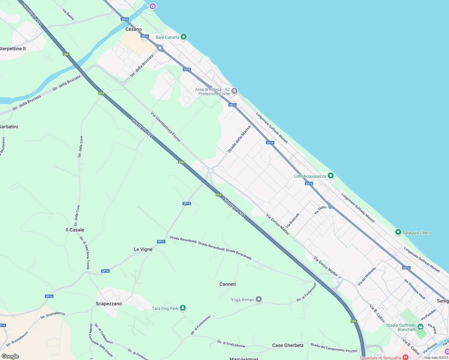 map of restaurants, bars, coffee shops, grocery stores, and more near 29 Via Domenico Corvi in Senigallia