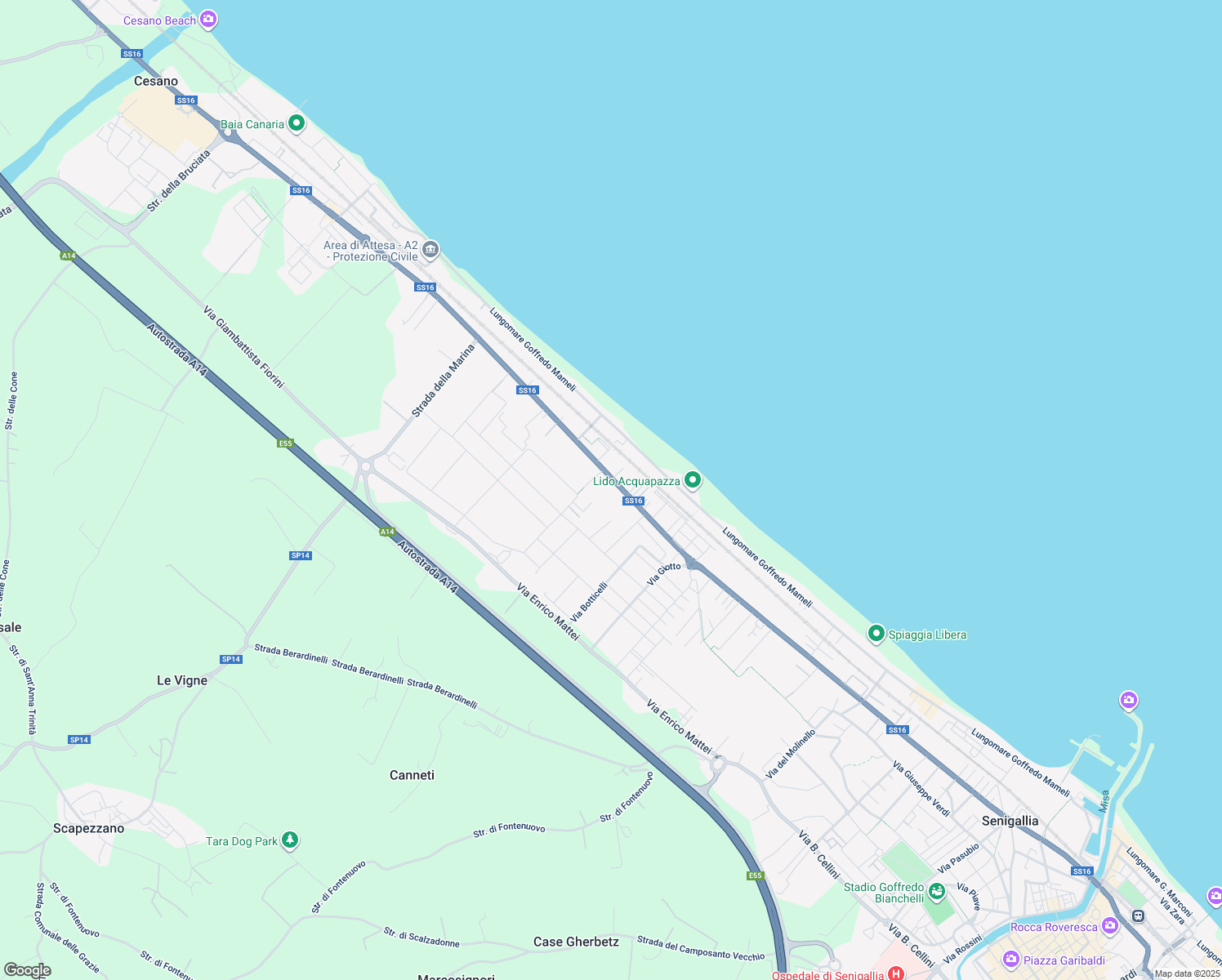map of restaurants, bars, coffee shops, grocery stores, and more near 423 Via Raffaello Sanzio in Senigallia